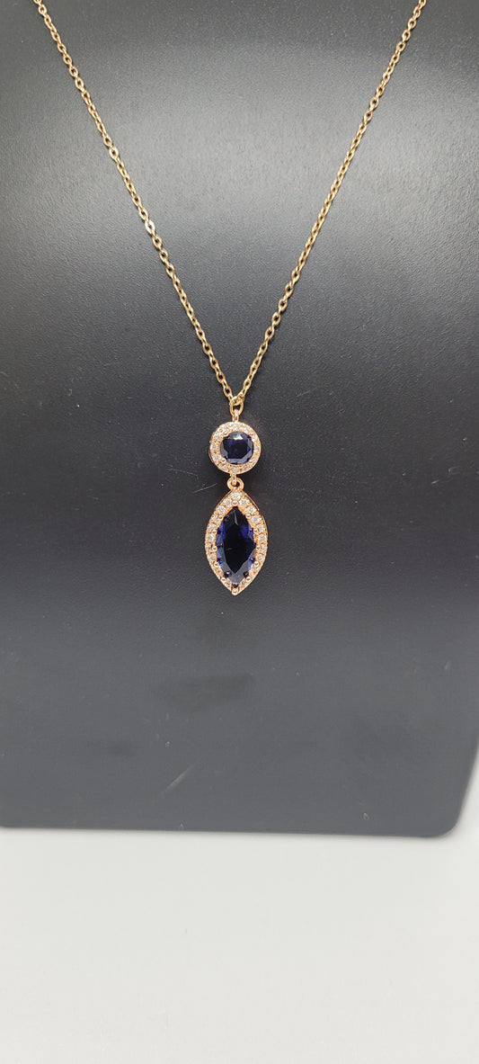 Rose Gold Chain with blue Locket and American Diamonds with Earrings