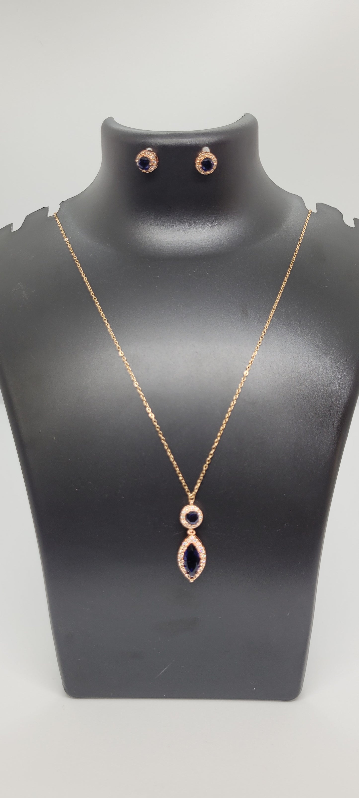 Rose Gold Chain with blue Locket and American Diamonds with Earrings
