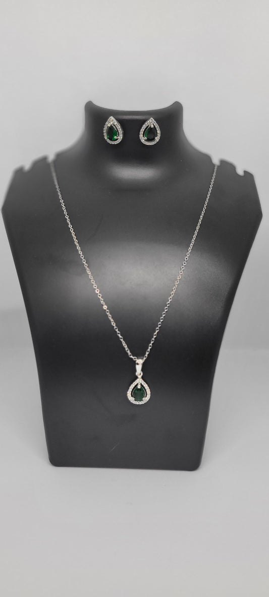 Silver Chain with Green Locket and American Diamonds with Earrings