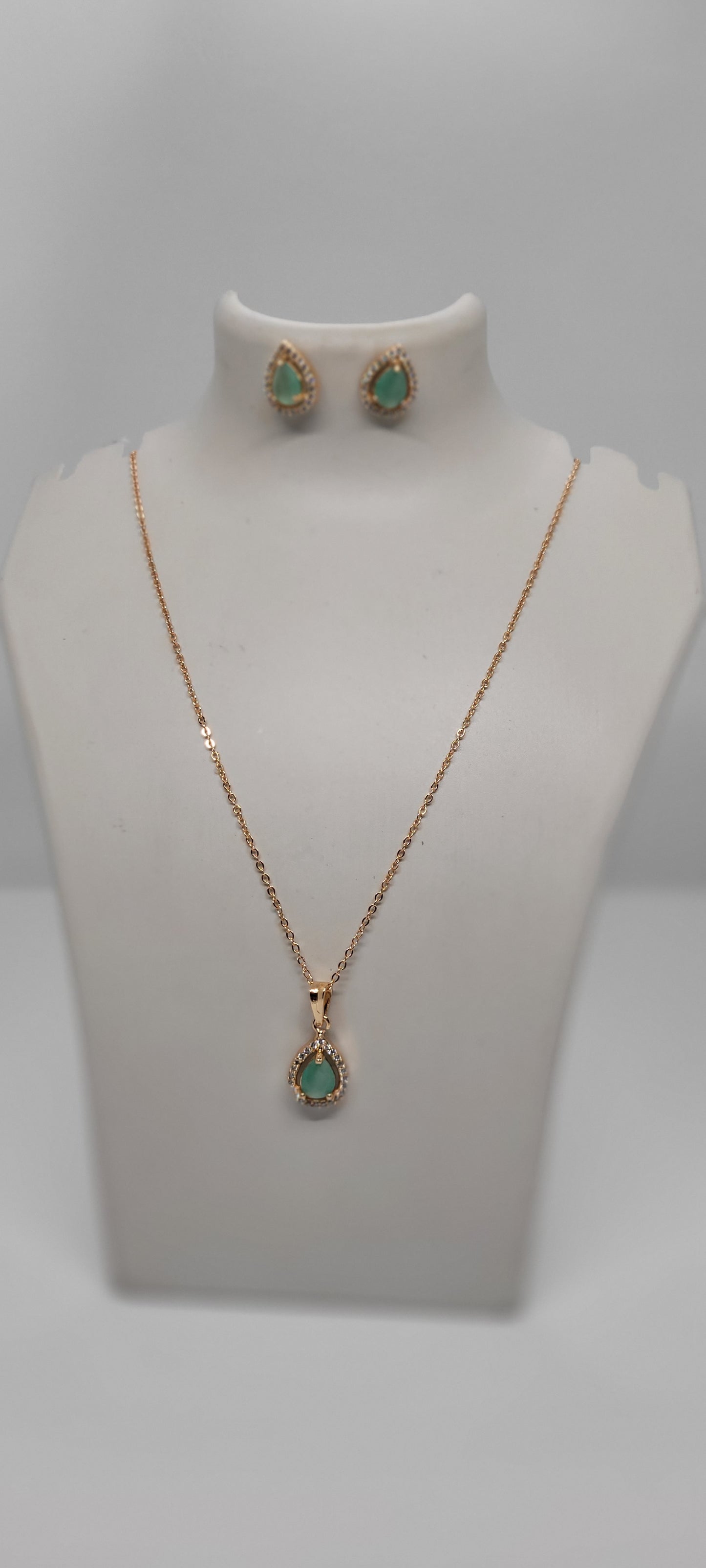 Rose Gold Chain with Light Green Locket & American Diamonds with Earrings