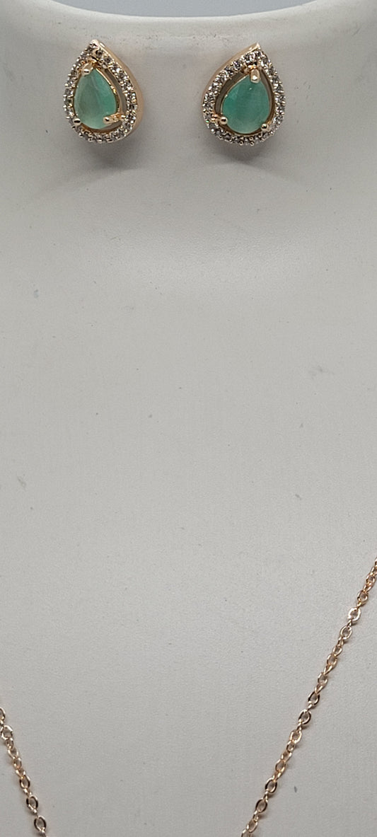 Rose Gold Chain with Light Green Locket & American Diamonds with Earrings