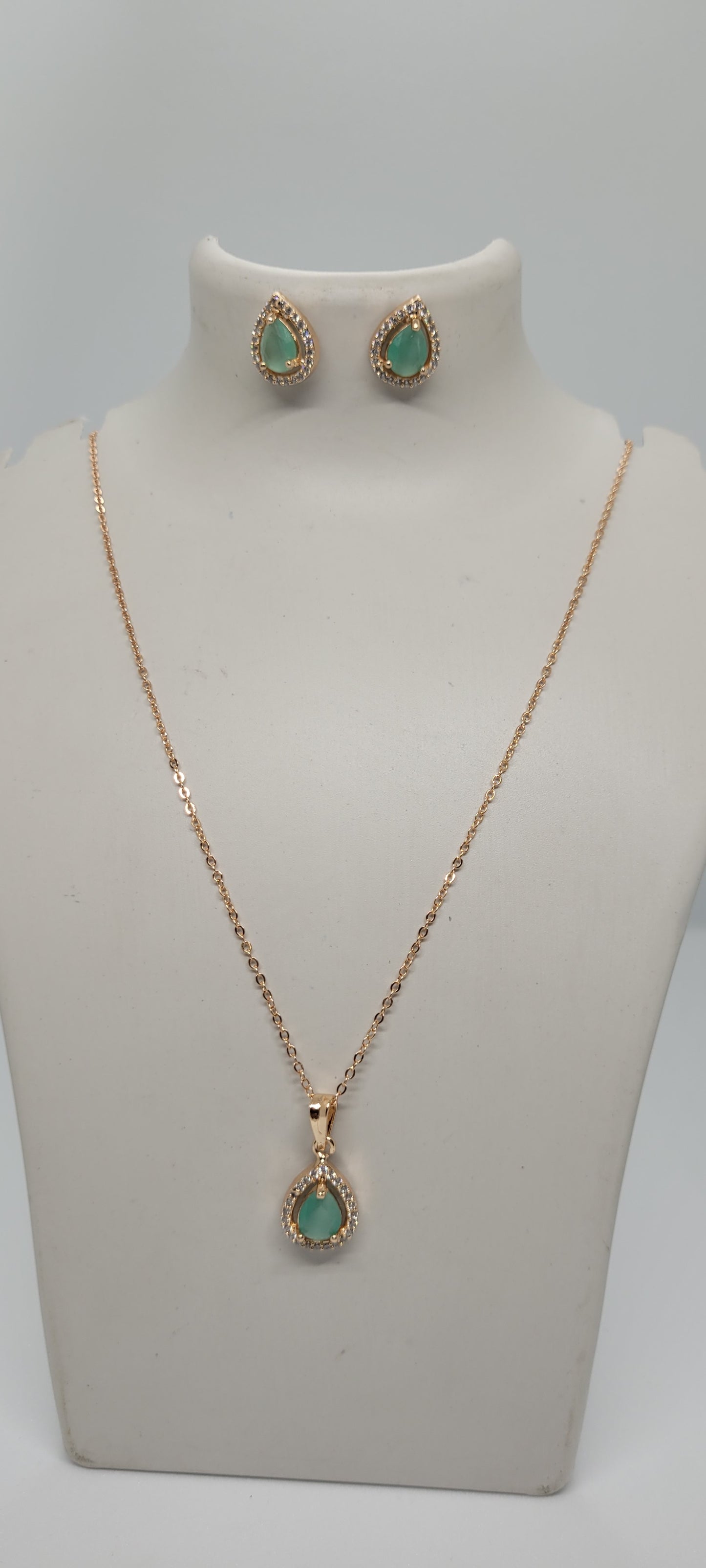 Rose Gold Chain with Light Green Locket & American Diamonds with Earrings
