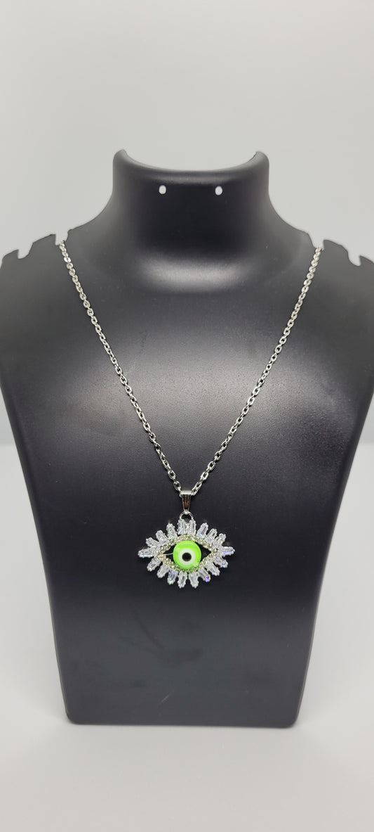 Silver Chain with Eye Locket, Green with American Diamonds