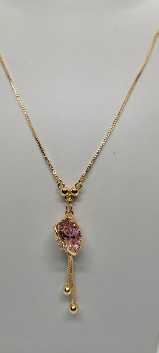 Gold Chain with Pink Locket, American Diamonds