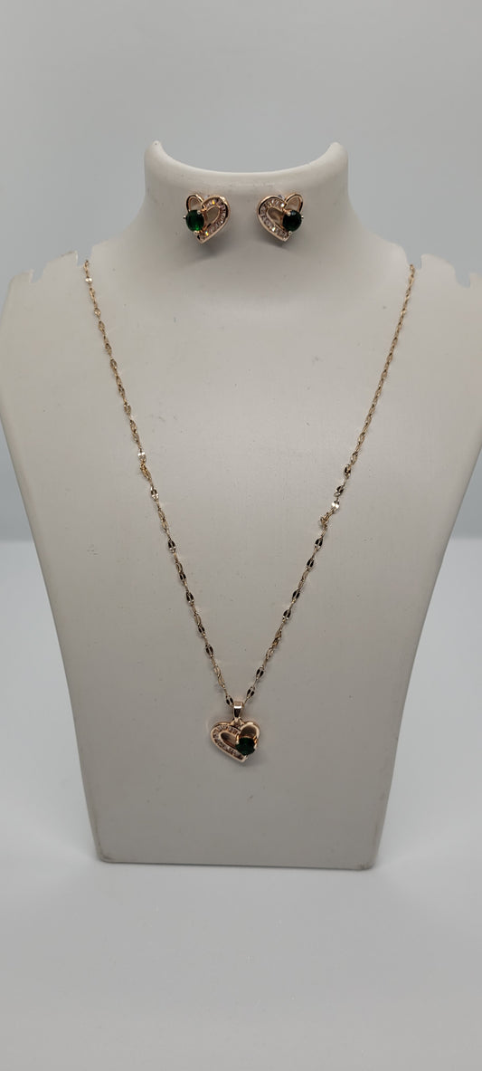 Rose Gold Chain with Green & white Locket using American Diamonds with Earrings