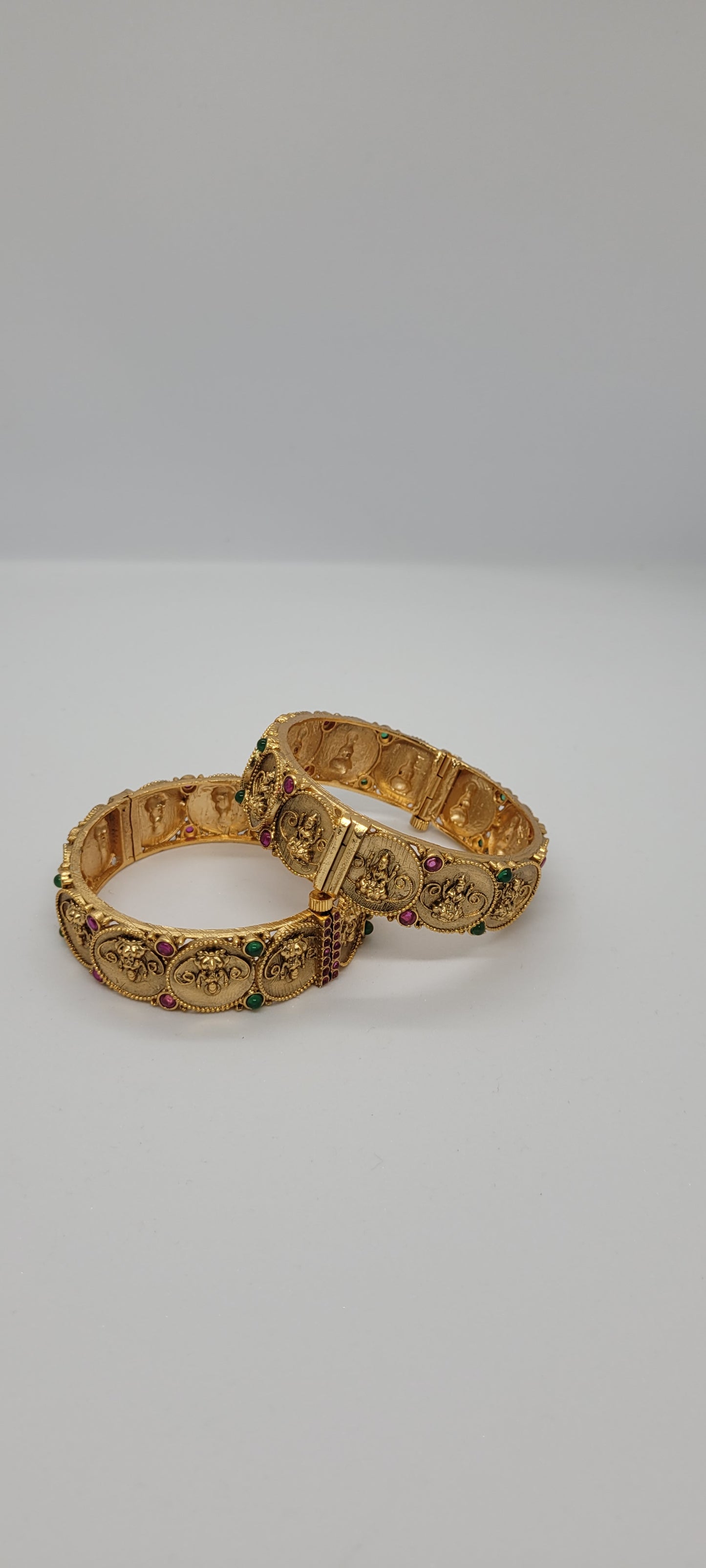 Golden Antique Temple Collections Bangles (2 piece) Adjustable with Screws with Red & Green Stones