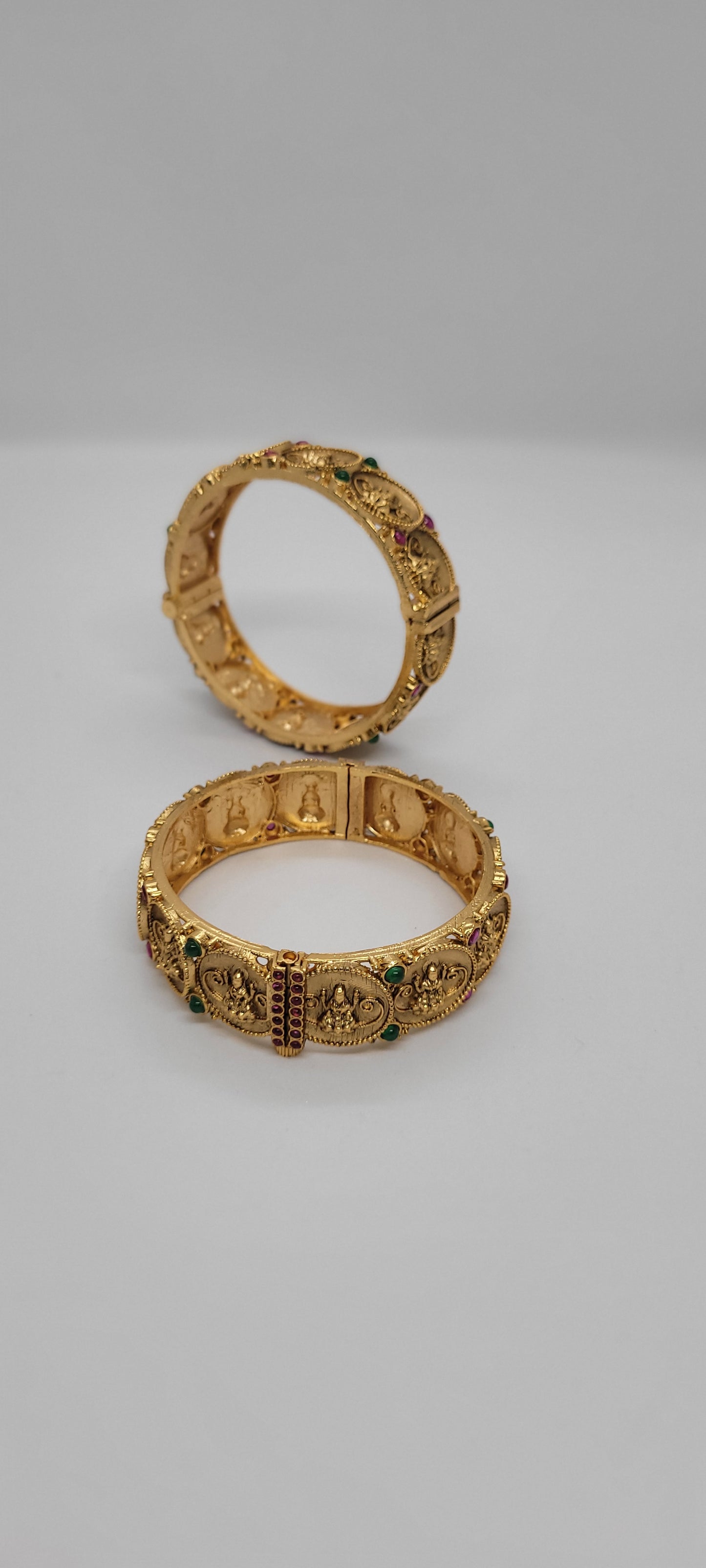 Golden Antique Temple Collections Bangles (2 piece) Adjustable with Screws with Red & Green Stones
