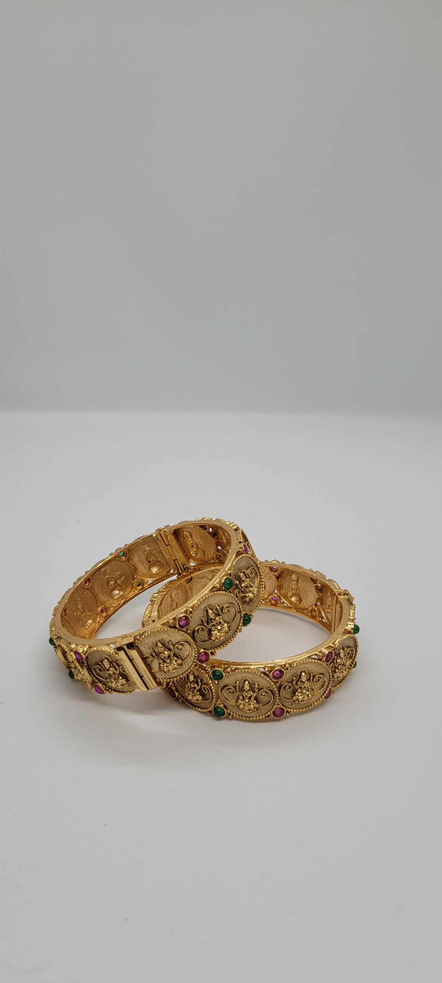 Golden Antique Temple Collections Bangles (2 piece) Adjustable with Screws with Red & Green Stones