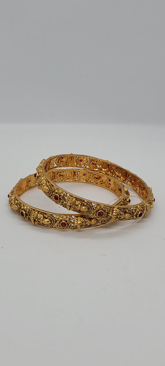Golden Antique Temple Collections Bangles (2 piece) with Red Stones