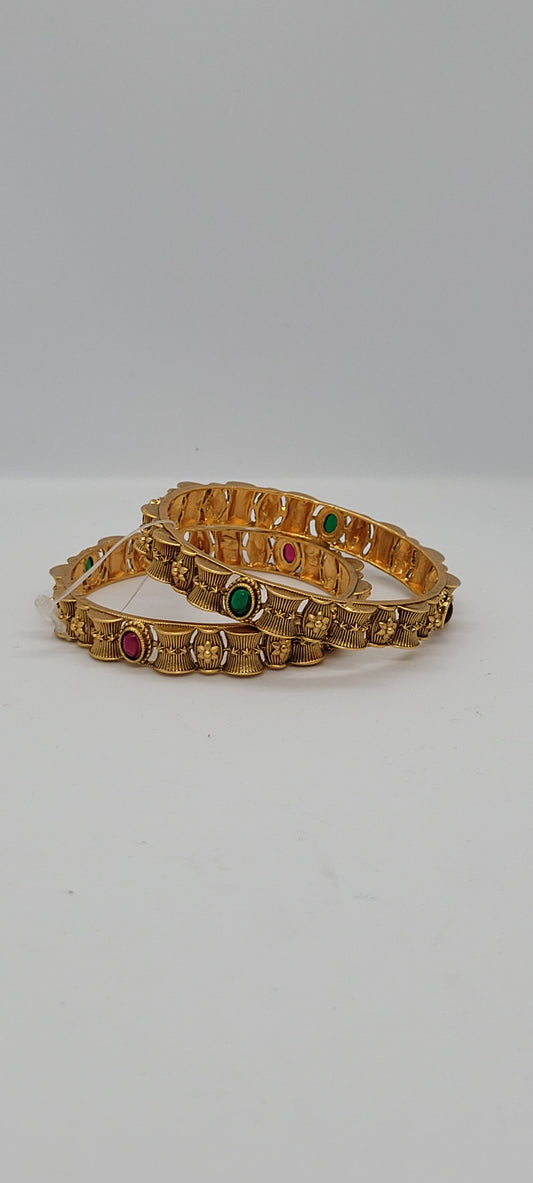 Golden Antique Bangles (2 piece) with Pink and Green Stones