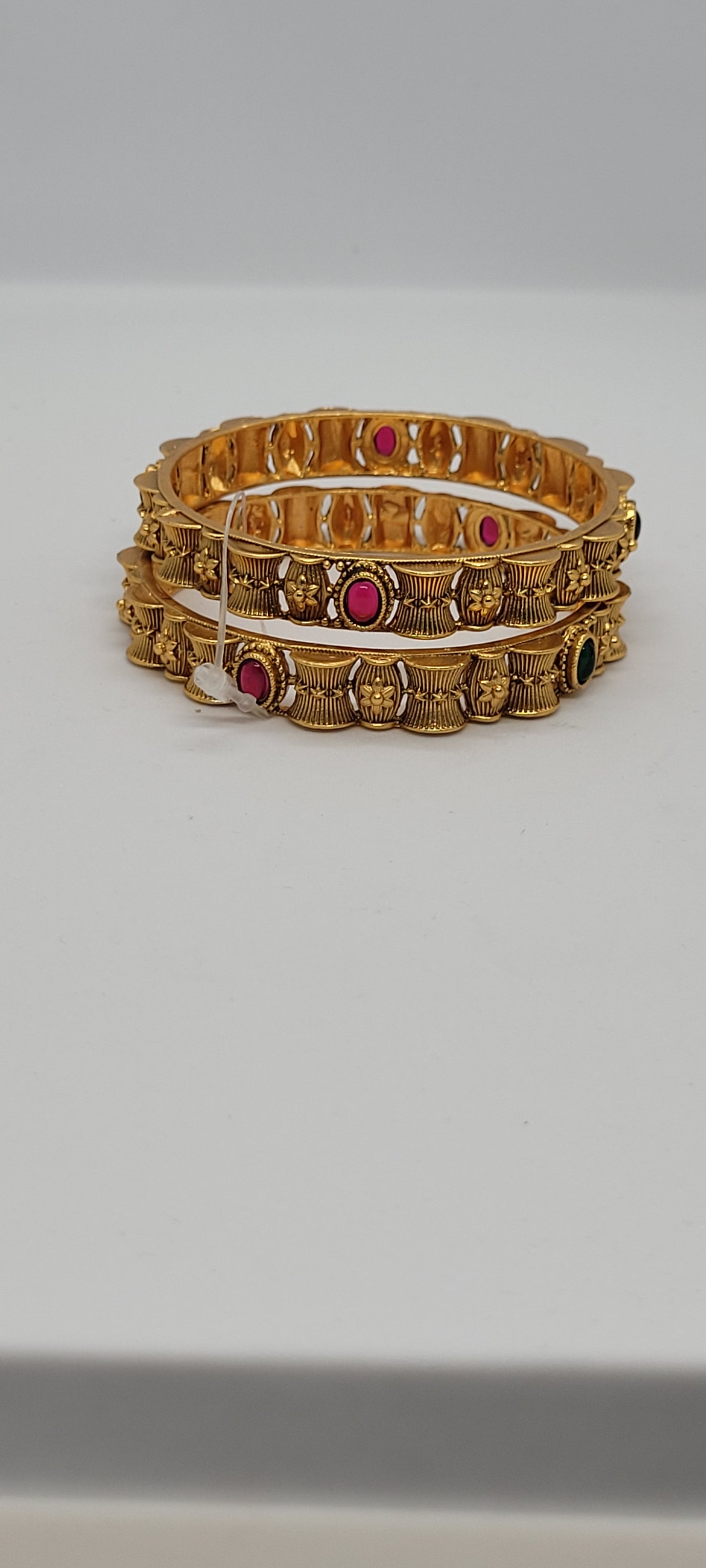 Golden Antique Bangles (2 piece) with Pink and Green Stones