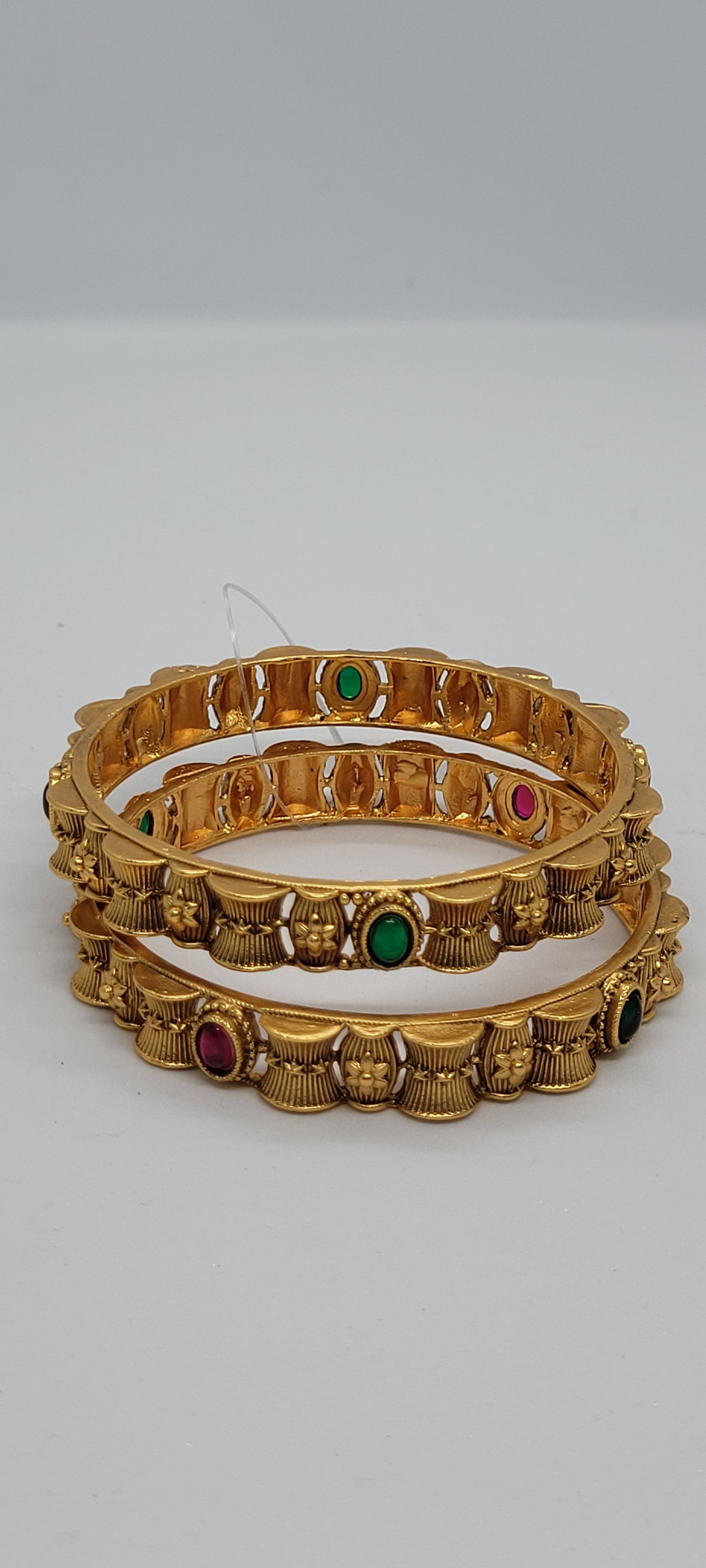 Golden Antique Bangles (2 piece) with Pink and Green Stones