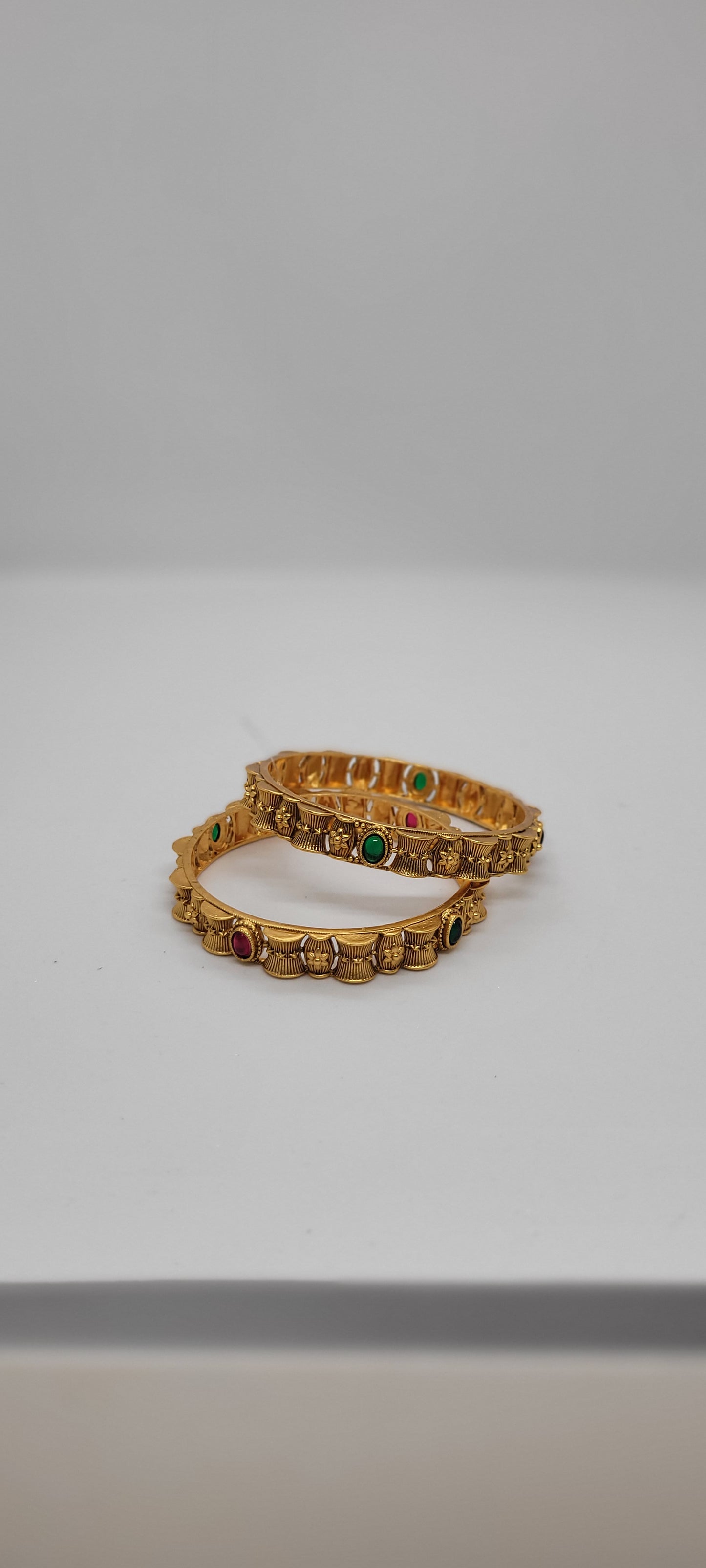 Golden Antique Bangles (2 piece) with Pink and Green Stones