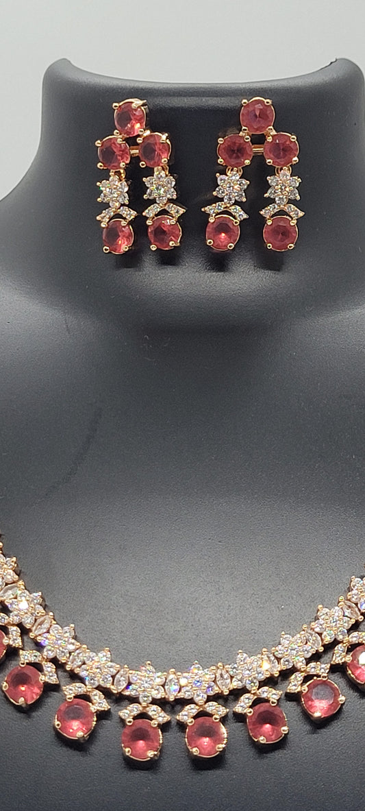 Golden Necklace Set with Light Red and White American Diamond Stones & Earrings