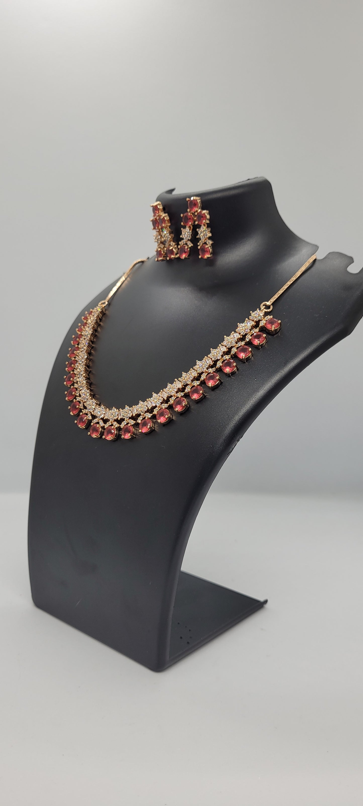 Golden Necklace Set with Light Red and White American Diamond Stones & Earrings