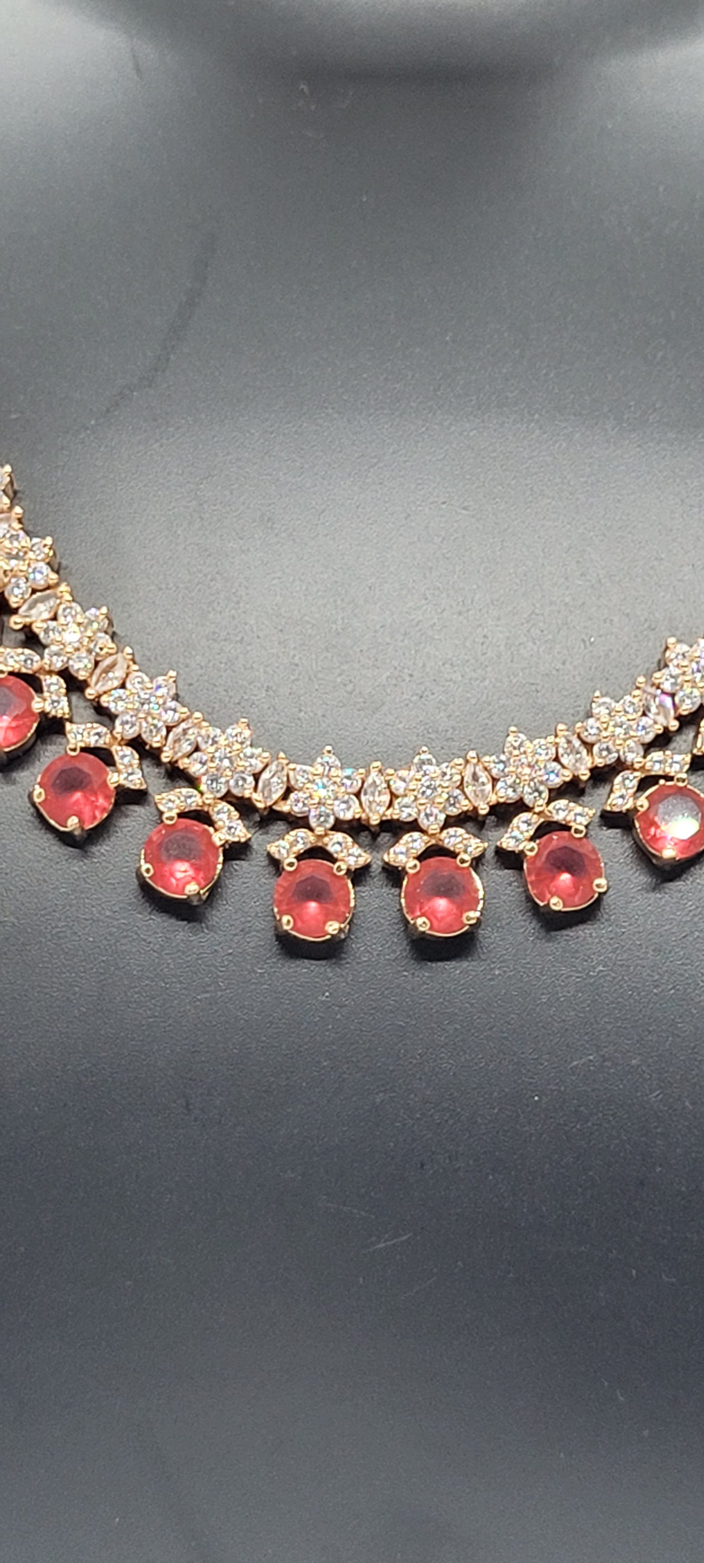 Golden Necklace Set with Light Red and White American Diamond Stones & Earrings