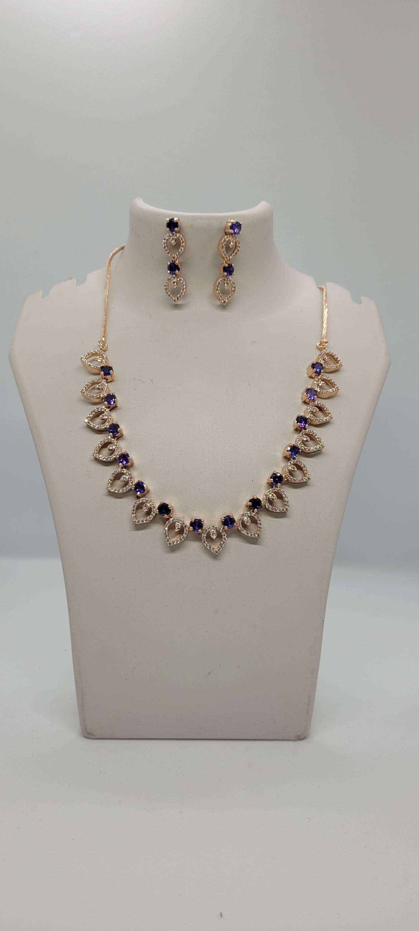 Golden Necklace Set with White American Diamond Stones & Earrings