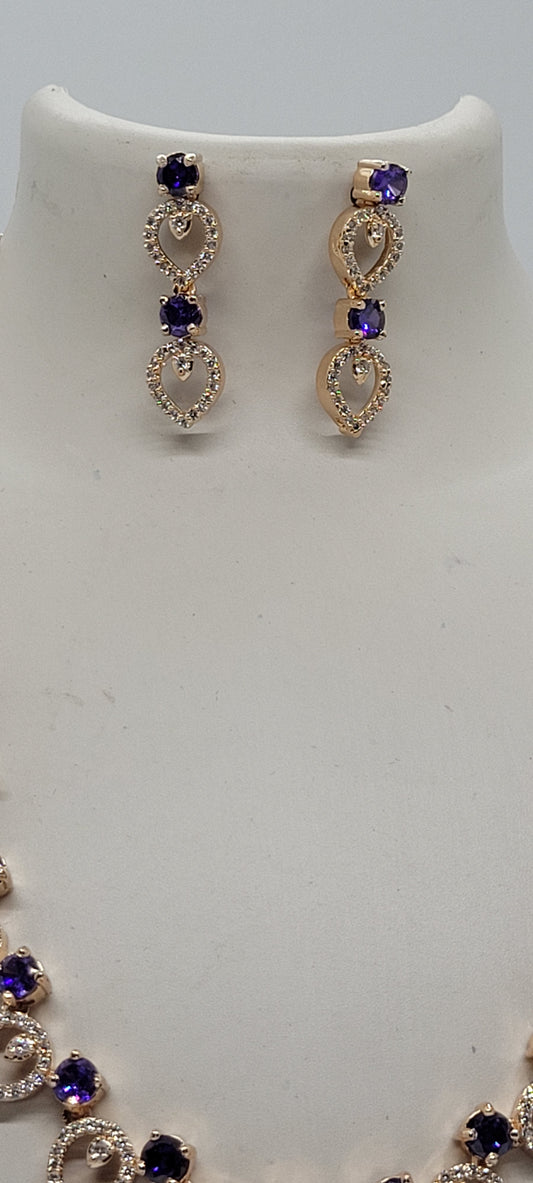 Golden Necklace Set with White American Diamond Stones & Earrings