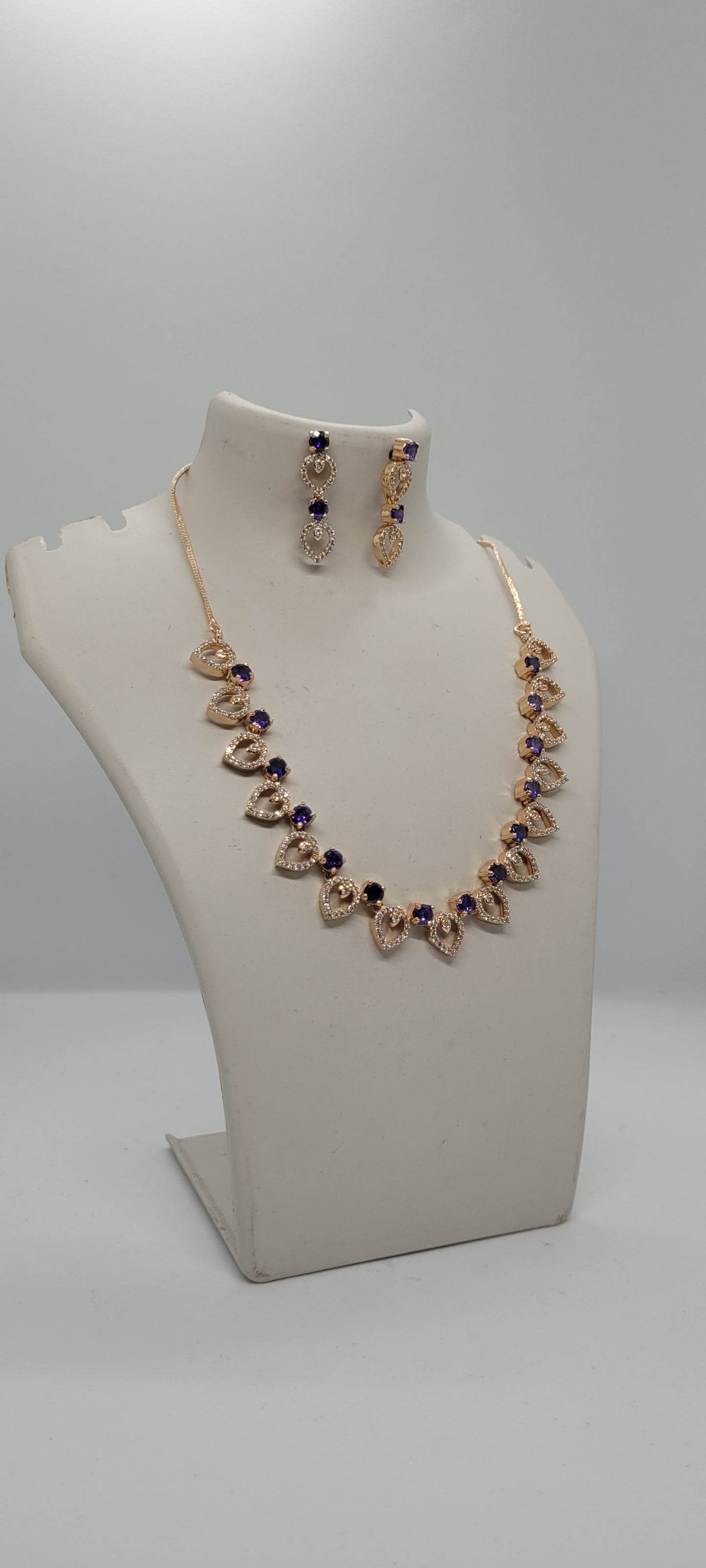 Golden Necklace Set with White American Diamond Stones & Earrings