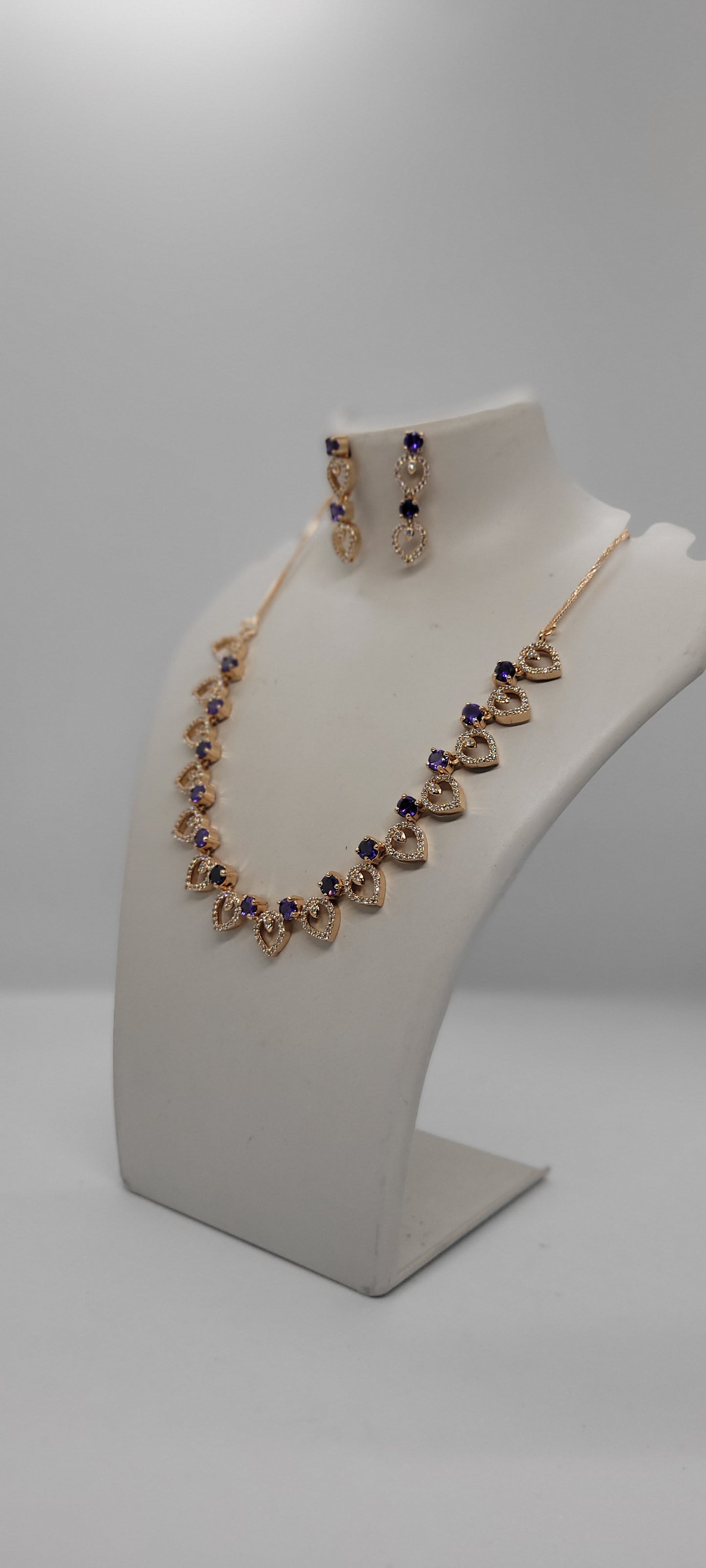 Golden Necklace Set with White American Diamond Stones & Earrings