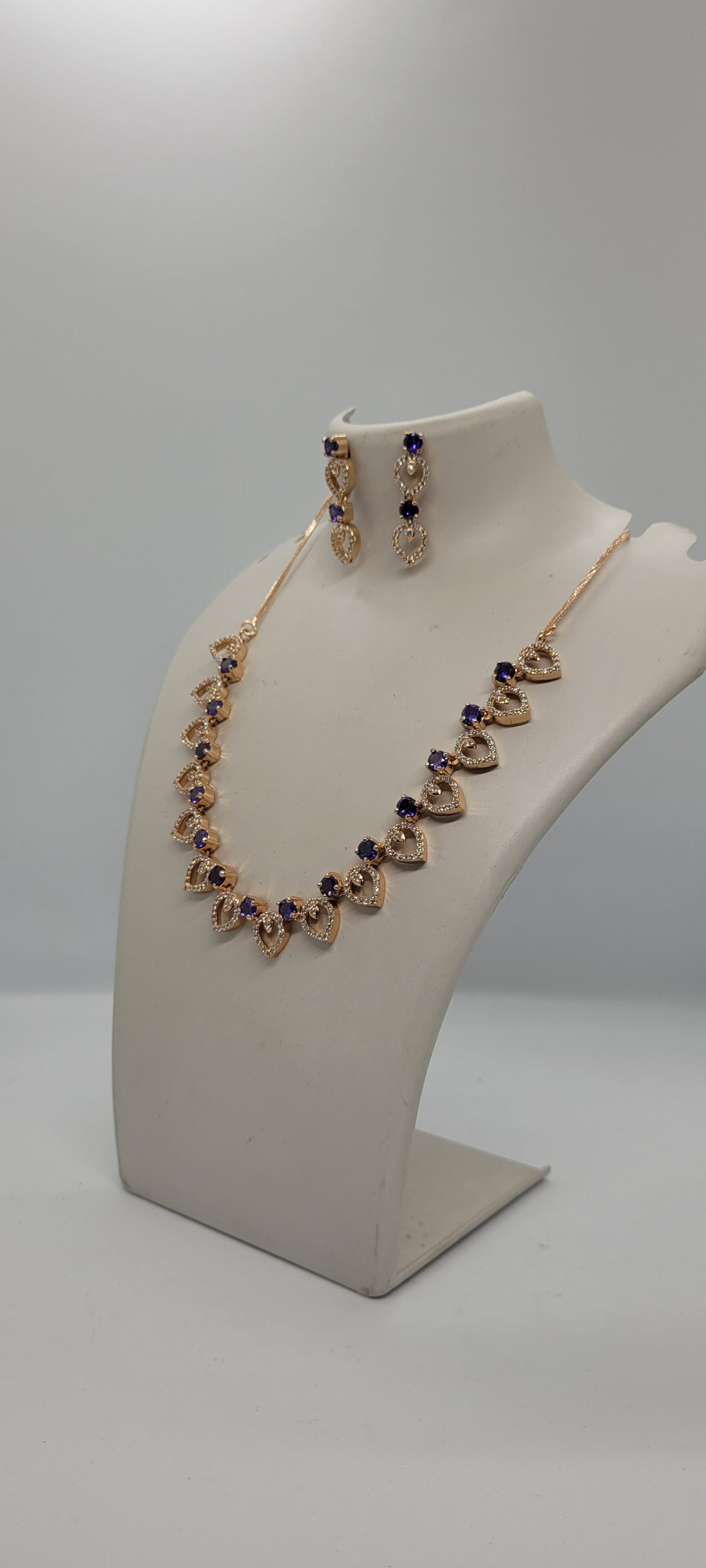 Golden Necklace Set with White American Diamond Stones & Earrings