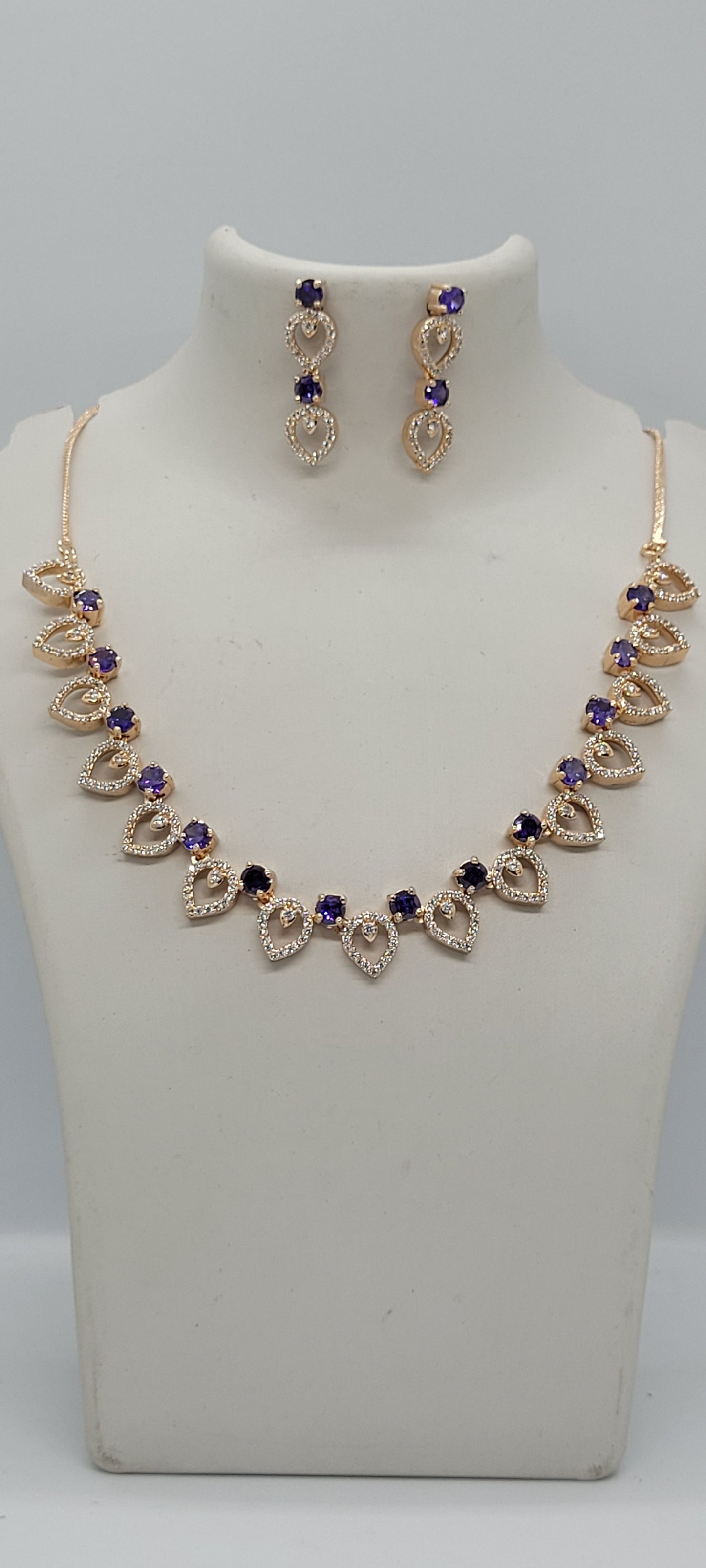 Golden Necklace Set with White American Diamond Stones & Earrings