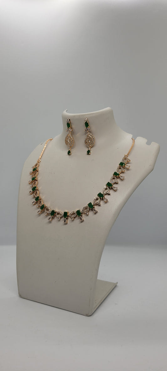 Golden Necklace Set with Green and White American Diamond Stones & Earrings