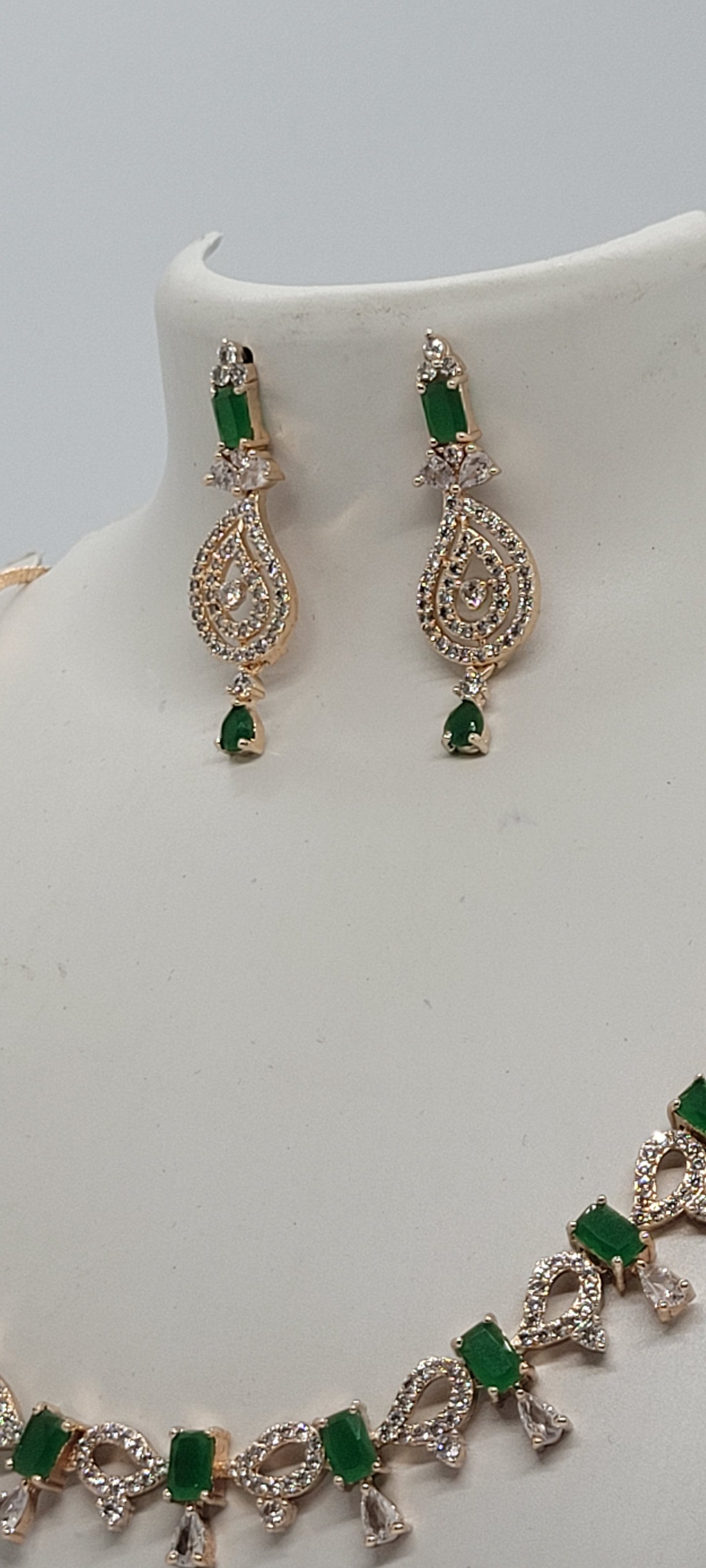Golden Necklace Set with Green and White American Diamond Stones & Earrings
