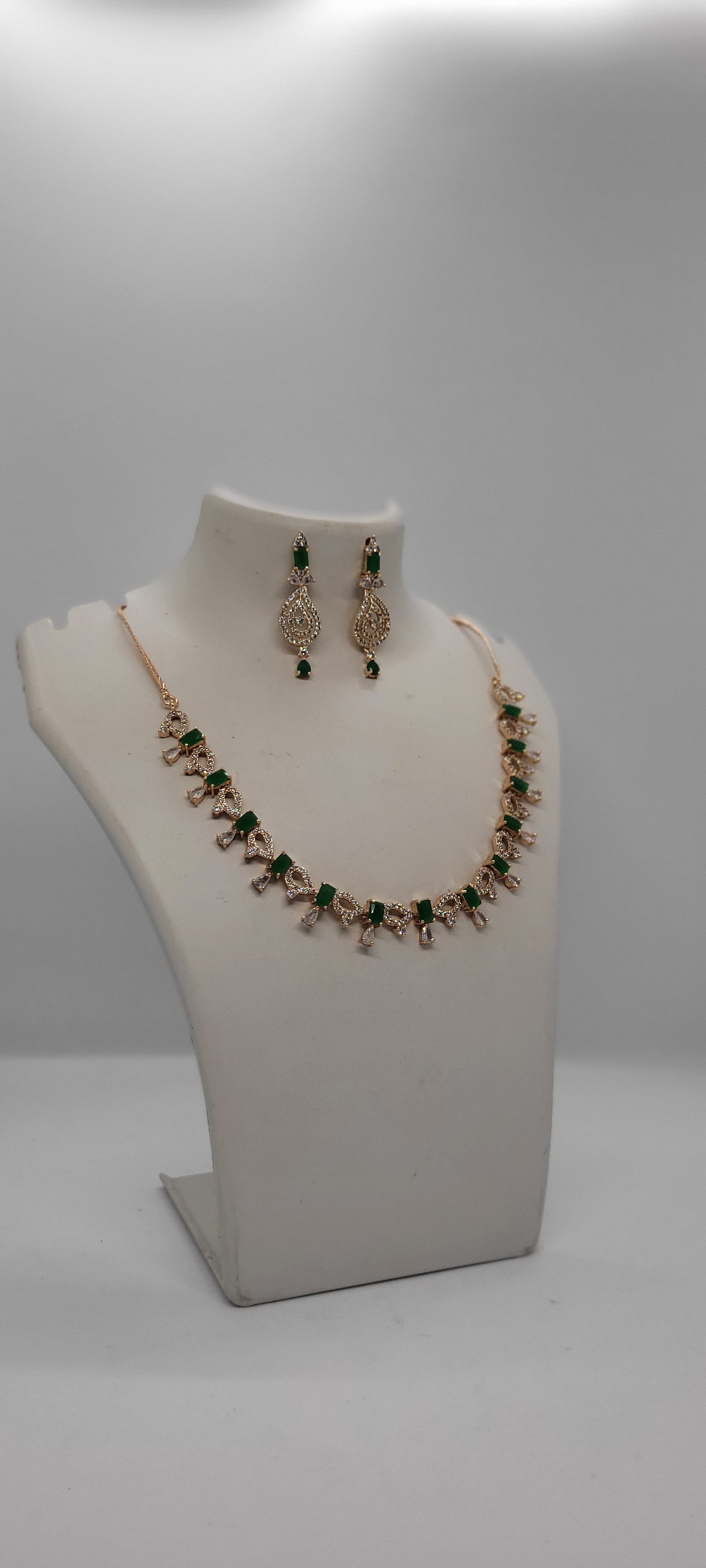 Golden Necklace Set with Green and White American Diamond Stones & Earrings