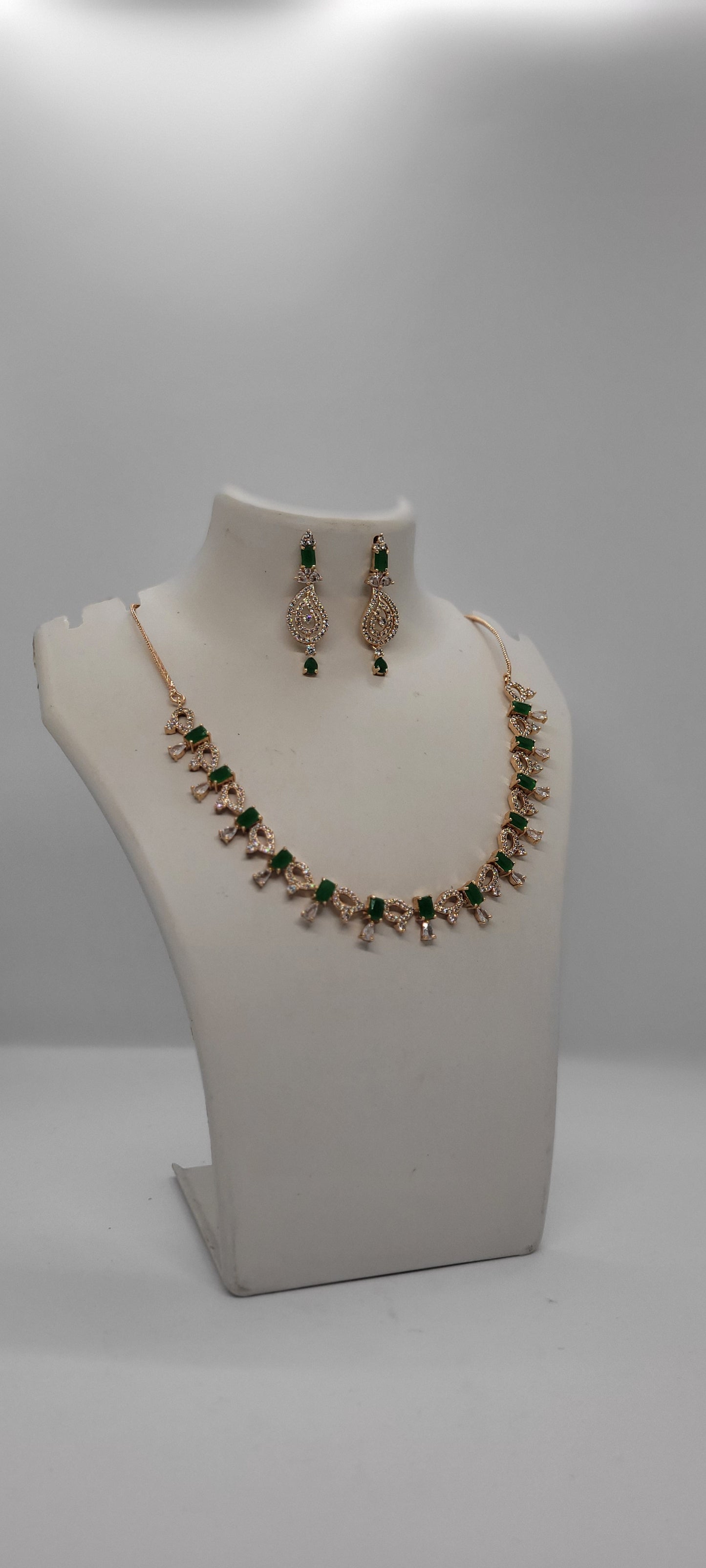 Golden Necklace Set with Green and White American Diamond Stones & Earrings