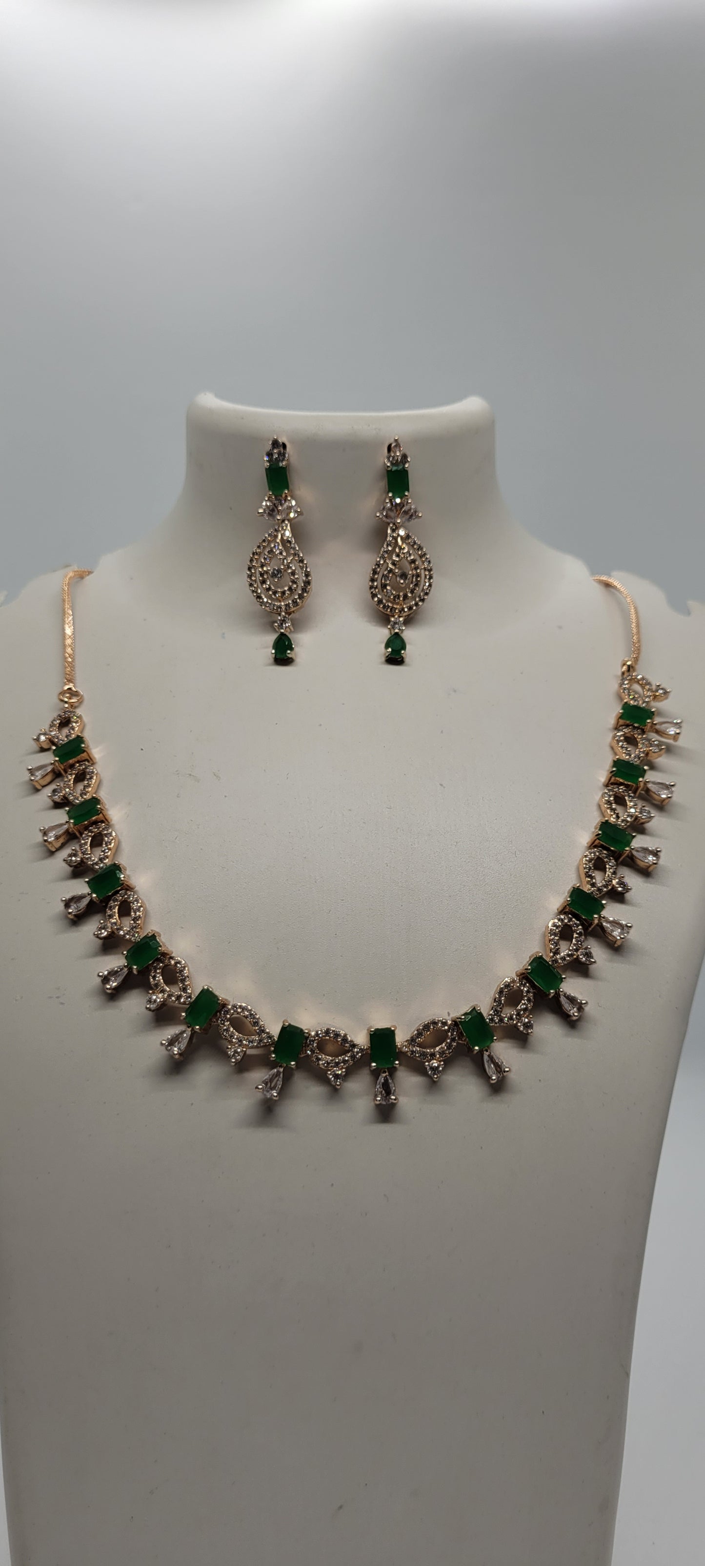 Golden Necklace Set with Green and White American Diamond Stones & Earrings