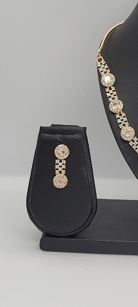 Golden Necklace Set with White American Diamond Stones & Earrings