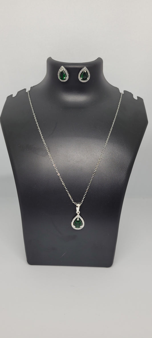 Silver Chain with Green Locket and American Diamonds with Earrings