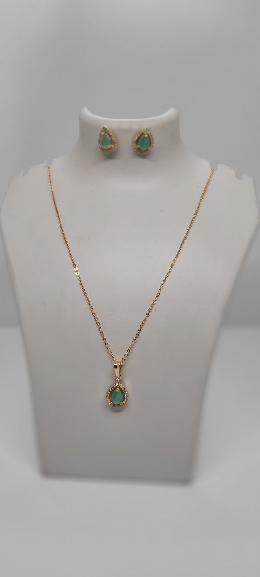 Rose Gold Chain with Light Green Locket & American Diamonds with Earrings
