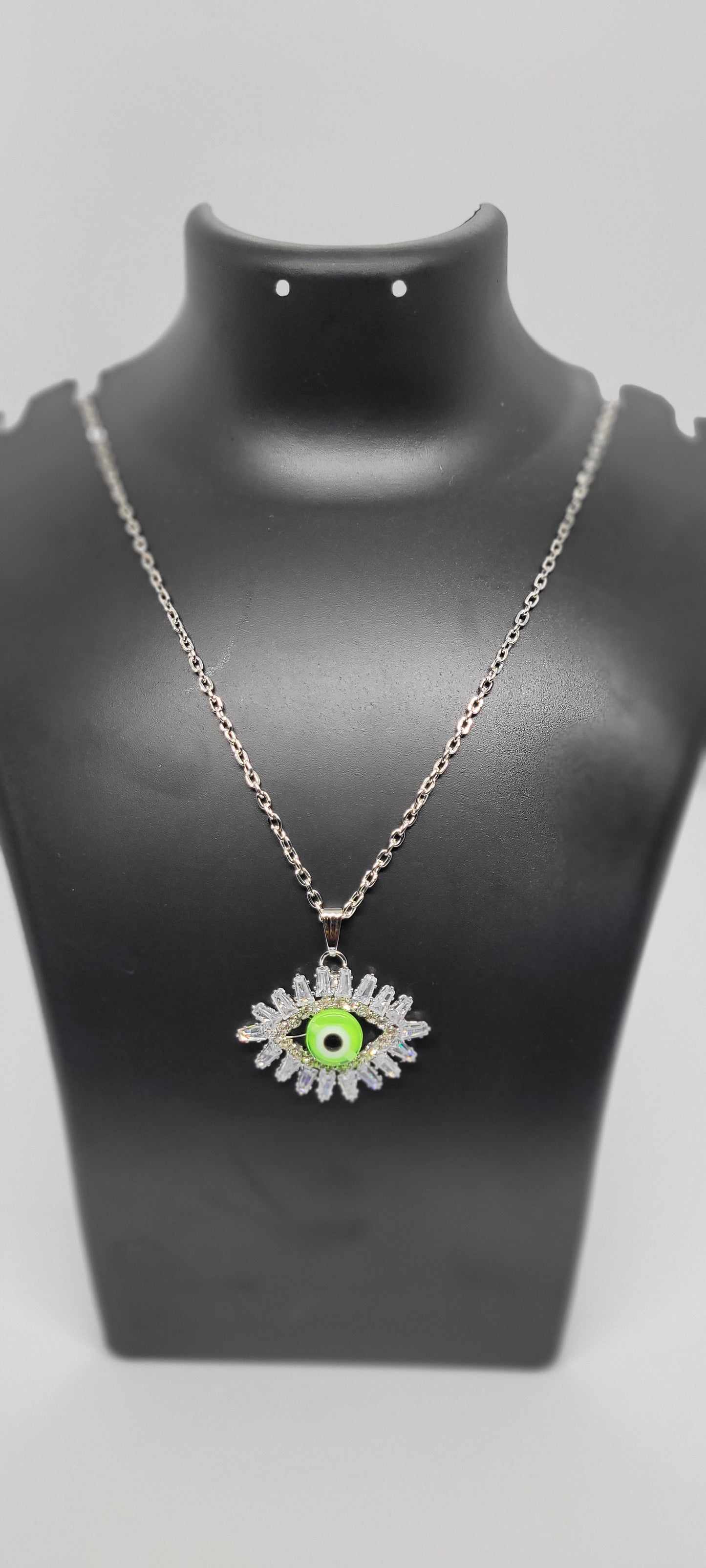 Silver Chain with Eye Locket, Green with American Diamonds