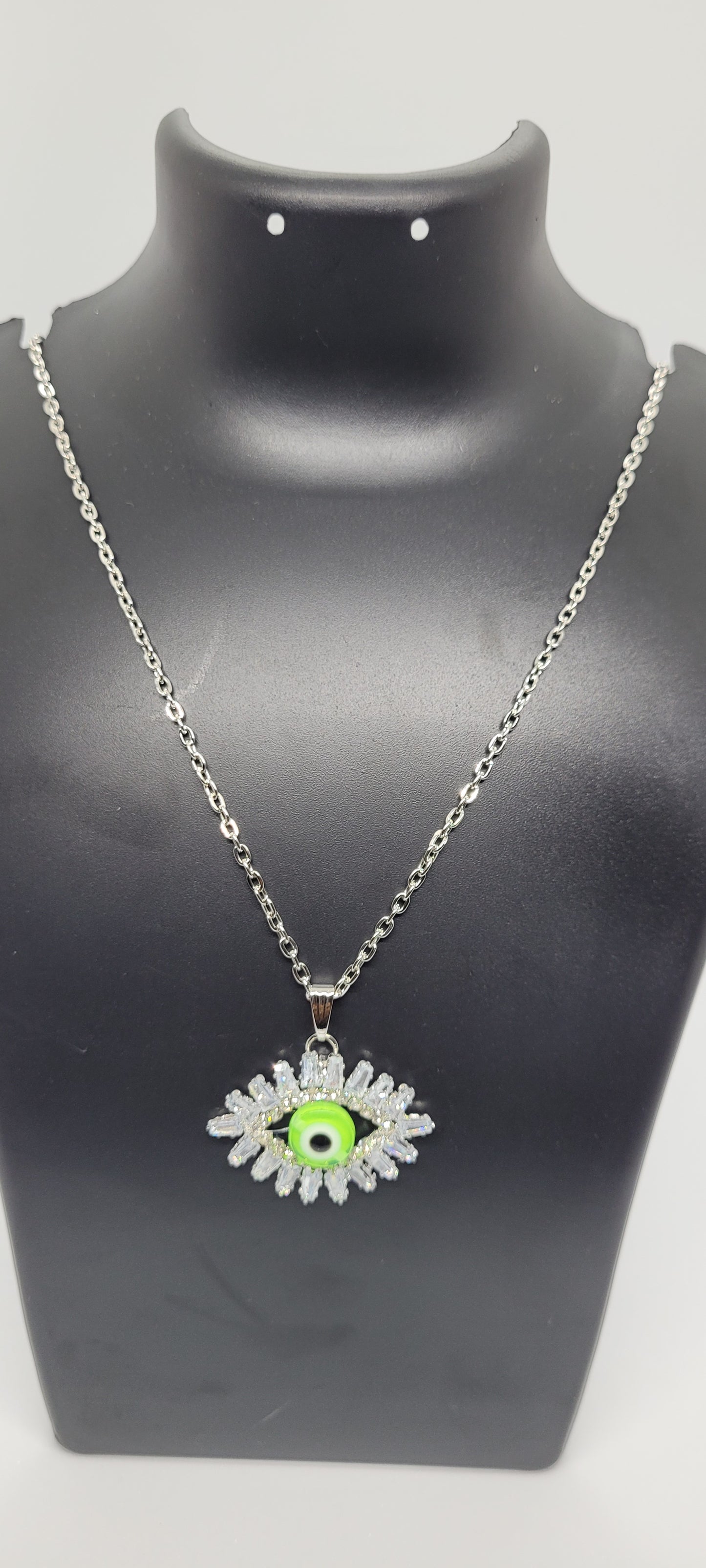 Silver Chain with Eye Locket, Green with American Diamonds
