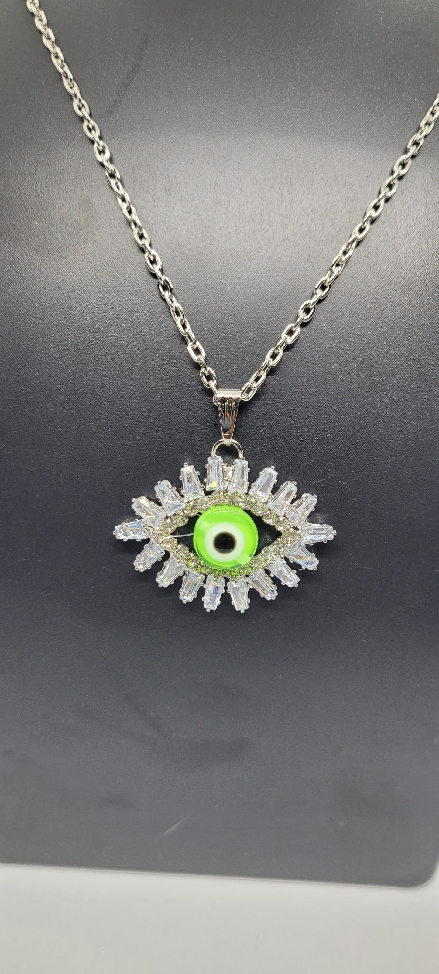 Silver Chain with Eye Locket, Green with American Diamonds
