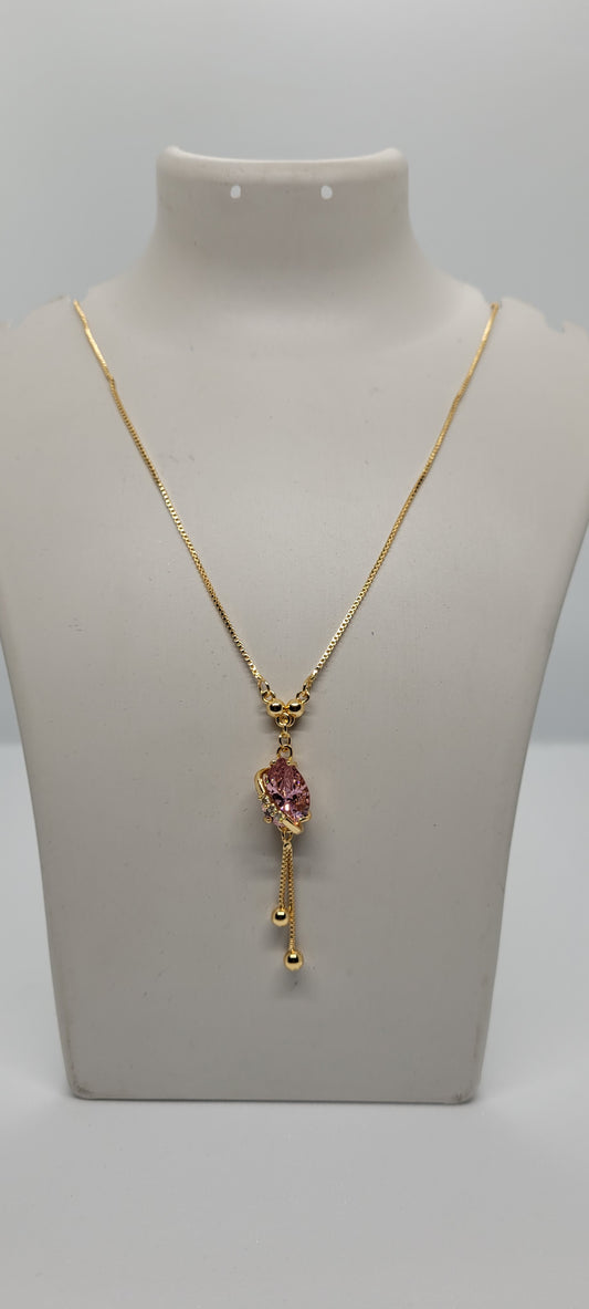 Gold Chain with Pink Locket, American Diamonds