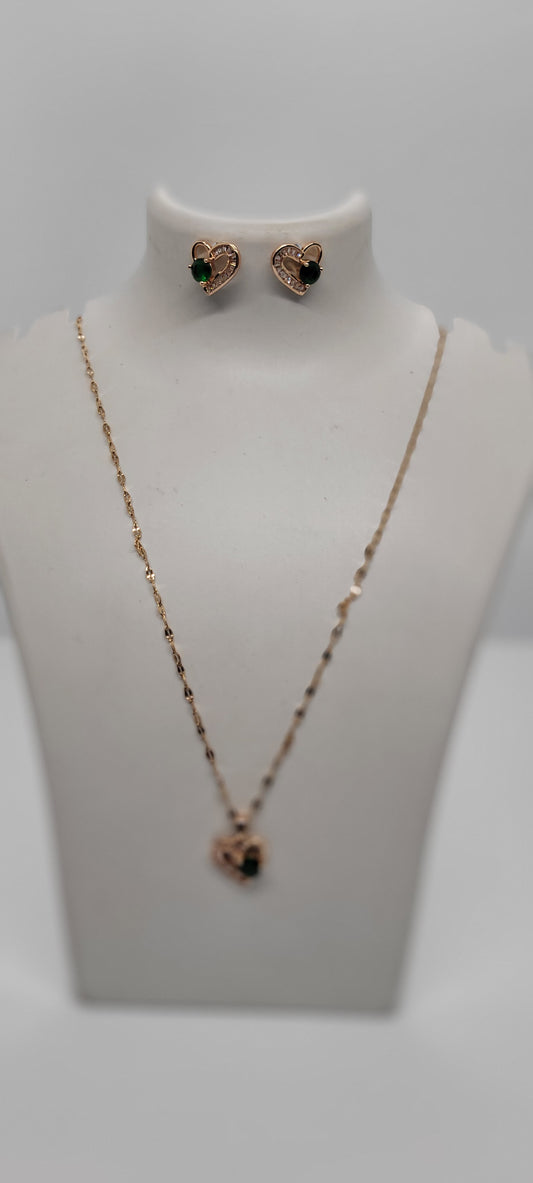 Rose Gold Chain with Green & white Locket using American Diamonds with Earrings