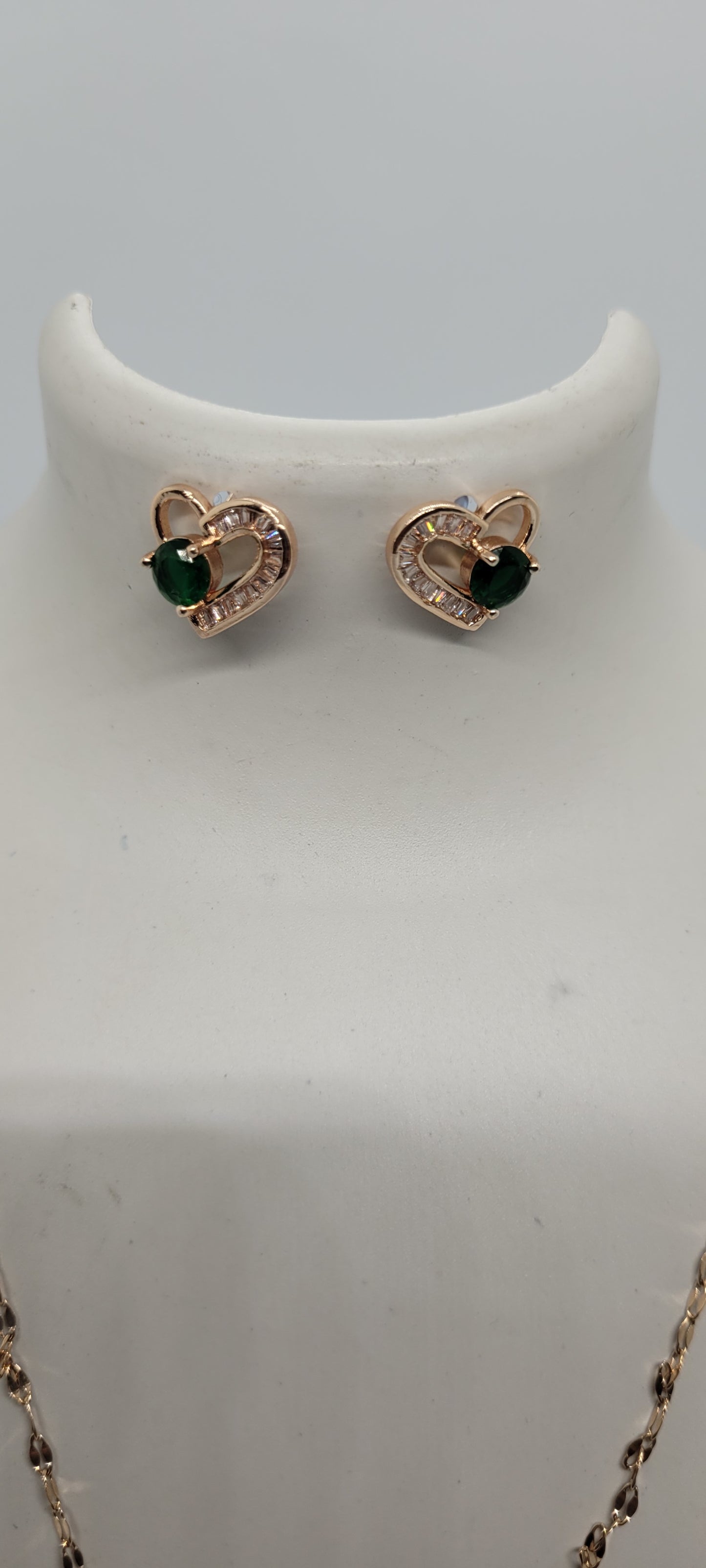 Rose Gold Chain with Green & white Locket using American Diamonds with Earrings