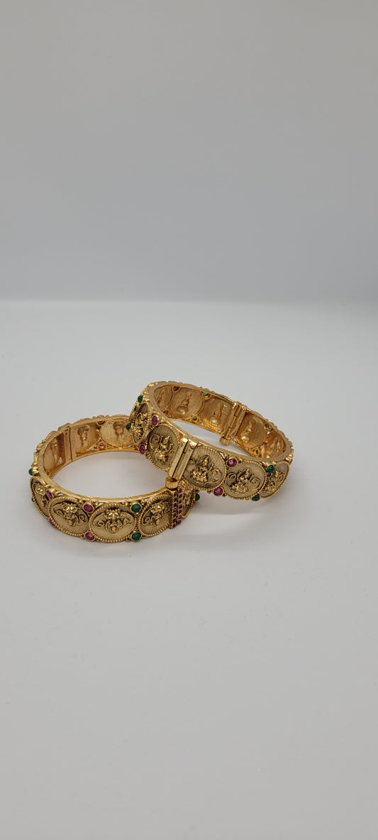 Golden Antique Temple Collections Bangles (2 piece) Adjustable with Screws with Red & Green Stones