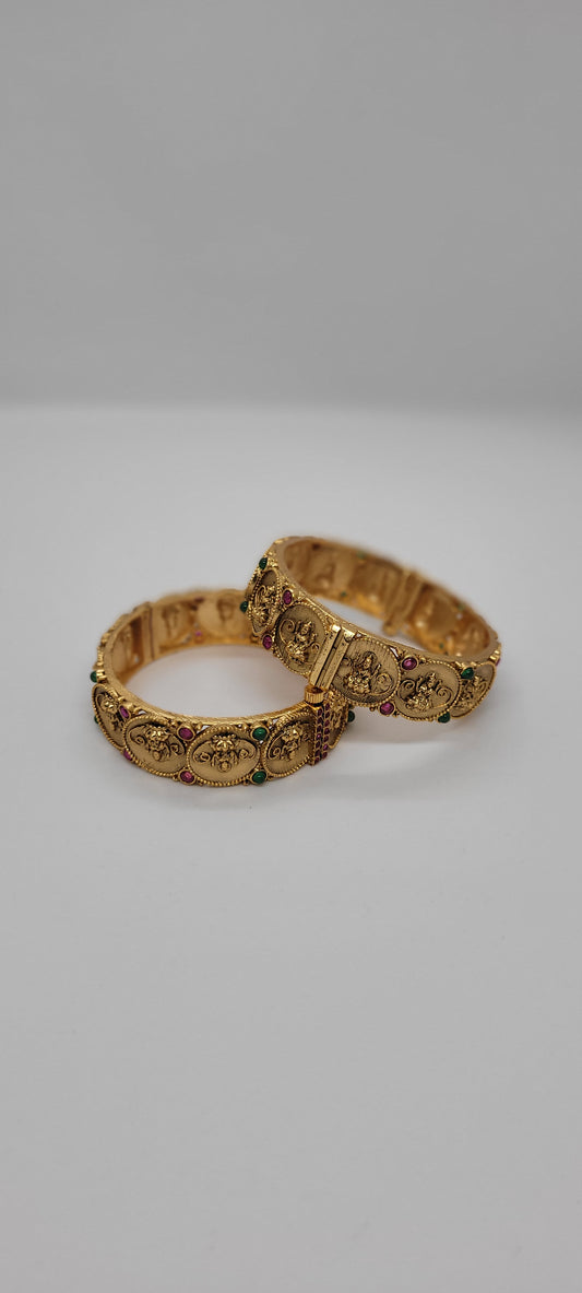 Golden Antique Temple Collections Bangles (2 piece) Adjustable with Screws with Red & Green Stones