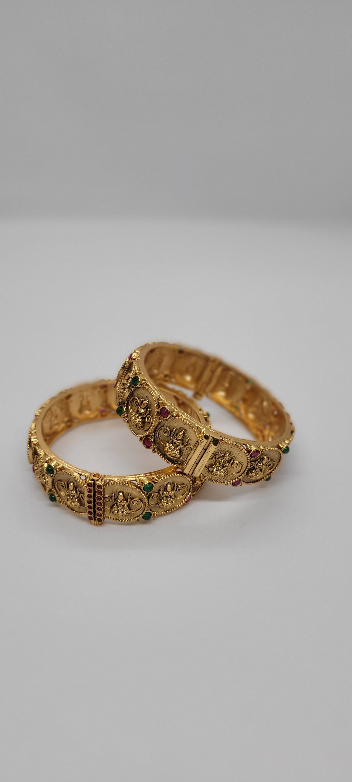 Golden Antique Temple Collections Bangles (2 piece) Adjustable with Screws with Red & Green Stones