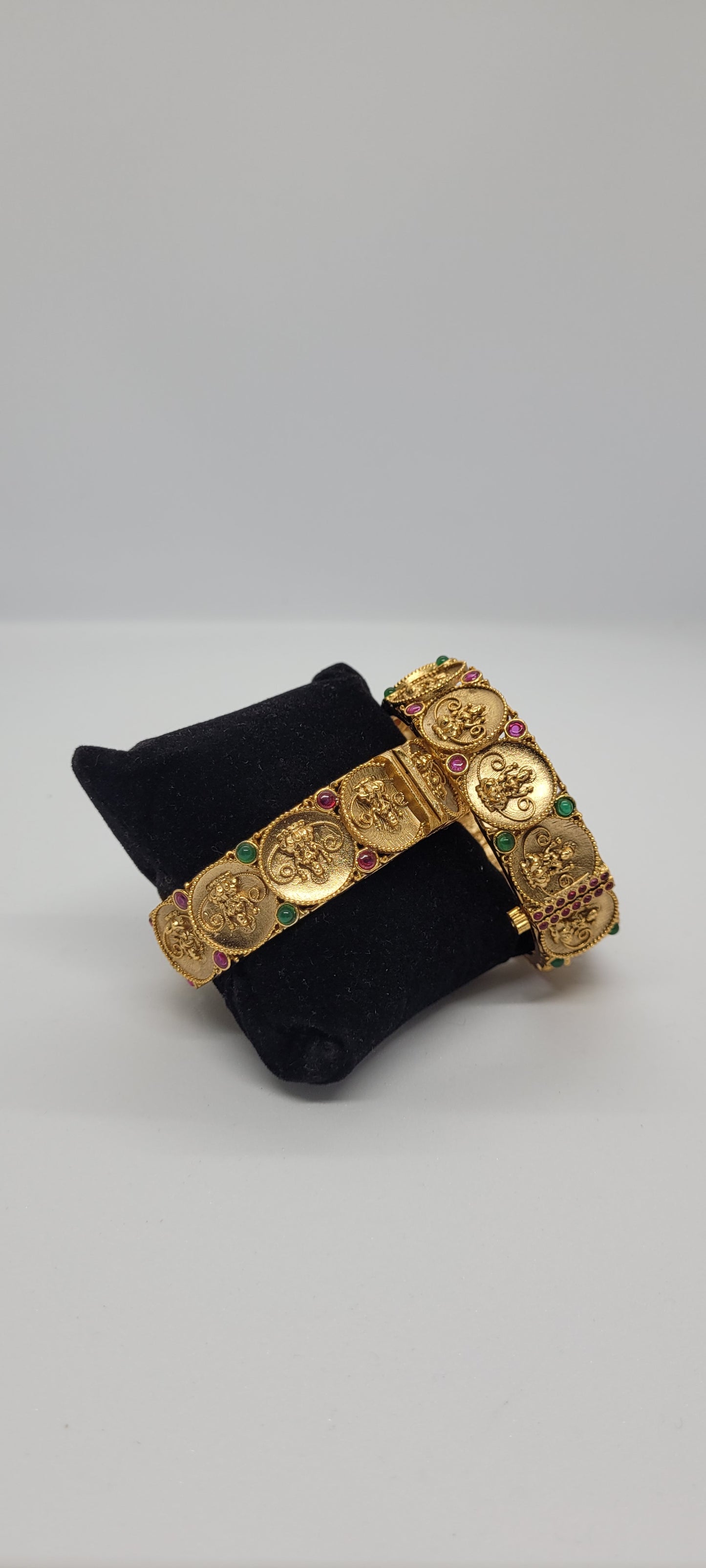 Golden Antique Temple Collections Bangles (2 piece) Adjustable with Screws with Red & Green Stones