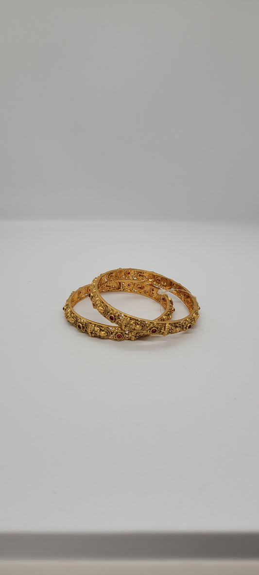 Golden Antique Temple Collections Bangles (2 piece) with Red Stones