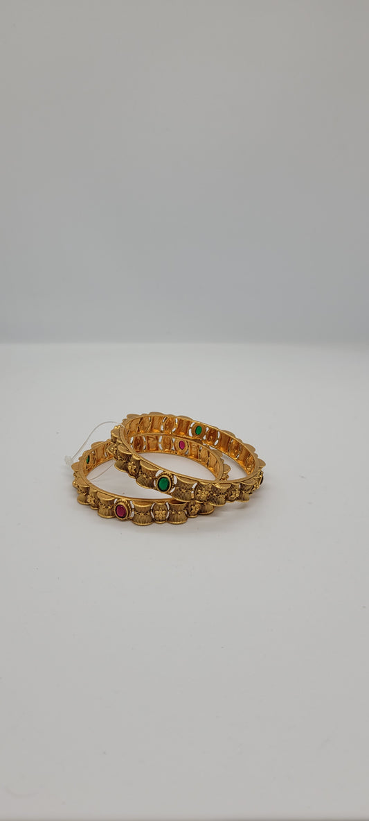 Golden Antique Bangles (2 piece) with Pink and Green Stones