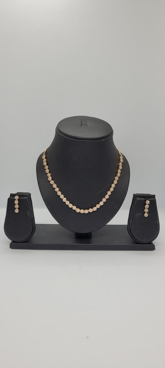 Golden Necklace Set with White American Diamond Stones & Earrings