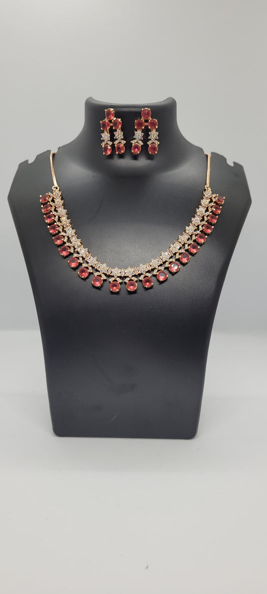 Golden Necklace Set with Light Red and White American Diamond Stones & Earrings