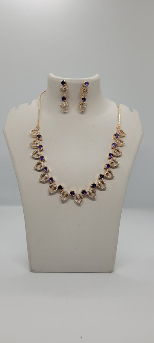 Golden Necklace Set with White American Diamond Stones & Earrings