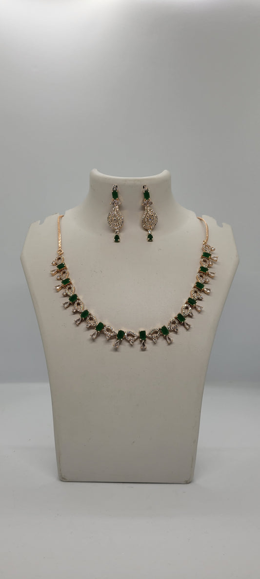 Golden Necklace Set with Green and White American Diamond Stones & Earrings